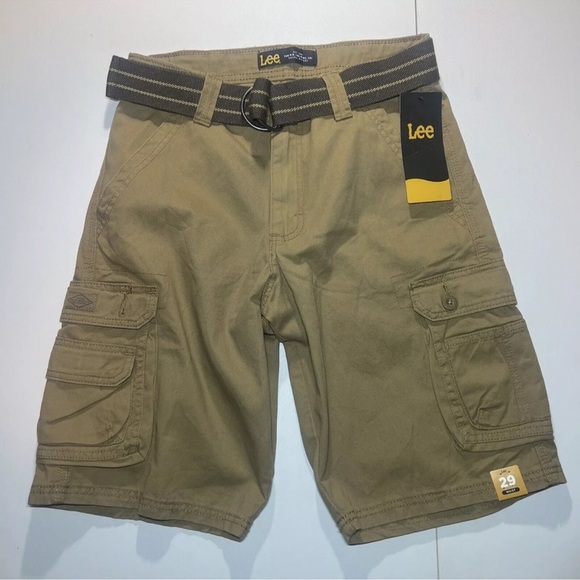 $48 MSRP NWT Mens LEE 100% Cotton CARGO SHORTS & Belt Size 29 Khaki Tan - Picture 2 of 8